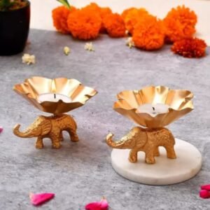 Golden Elephant Design Tealight Diya Holder Set of 2 | Metal Decorative Candle Stand for Home & Pooja