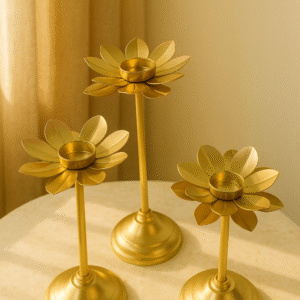 Loteus Design Candle Holder Stand | Set of 3 Decorative Candle Stands (12, 10 & 8 Inch) | Golden Finish Home Decor & Pooja Item