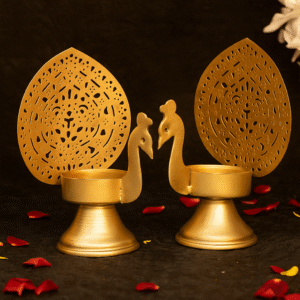 Golden Peacock Design Metal Diya Tealight Holder Set of 2 | Decorative Candle Stand for Home & Pooja