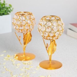 Golden Crystal Flower Tealight Candle Holder Set of 2 | Metal & Crystal Decorative Candle Stand for Home Decor